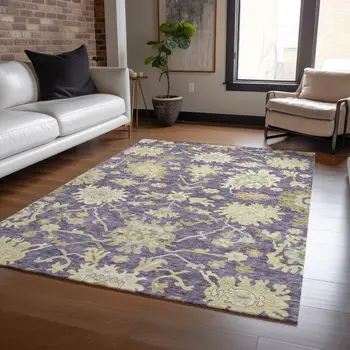 8' X 10' Eggplant Beige And Green Floral Washable Indoor Outdoor Area Rug