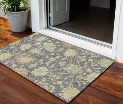 3' X 5' Gray Ivory And Green Floral Washable Indoor Outdoor Area Rug
