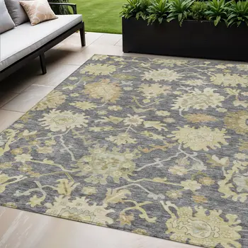 5' X 8' Gray Ivory And Green Floral Washable Indoor Outdoor Area Rug