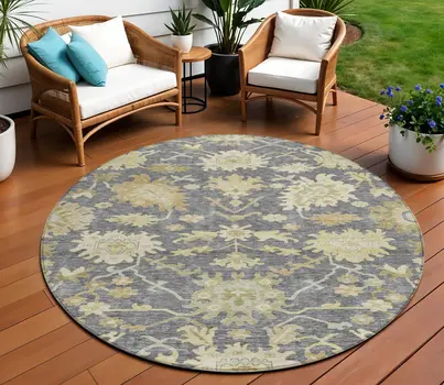 8' Gray Ivory And Green Round Floral Washable Indoor Outdoor Area Rug