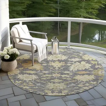 8' Gray Ivory And Green Round Floral Washable Indoor Outdoor Area Rug