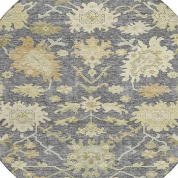 8' Gray Ivory And Green Round Floral Washable Indoor Outdoor Area Rug