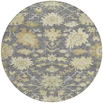 8' Gray Ivory And Green Round Floral Washable Indoor Outdoor Area Rug
