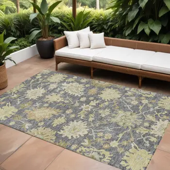 9' X 12' Gray Ivory And Green Floral Washable Indoor Outdoor Area Rug