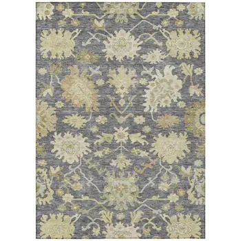 10' X 14' Gray Ivory And Green Floral Washable Indoor Outdoor Area Rug