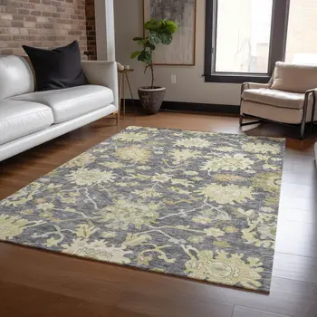10' X 14' Gray Ivory And Green Floral Washable Indoor Outdoor Area Rug