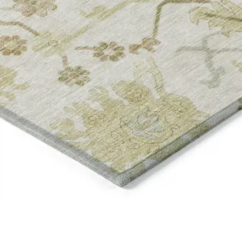 3' X 5' Ivory Green And Tan Floral Washable Indoor Outdoor Area Rug