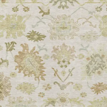 3' X 5' Ivory Green And Tan Floral Washable Indoor Outdoor Area Rug