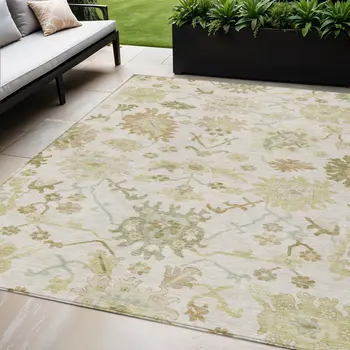 5' X 8' Ivory Green And Tan Floral Washable Indoor Outdoor Area Rug