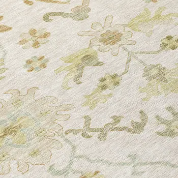 5' X 8' Ivory Green And Tan Floral Washable Indoor Outdoor Area Rug