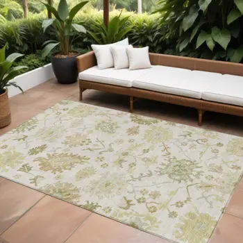 8' X 10' Ivory Green And Tan Floral Washable Indoor Outdoor Area Rug