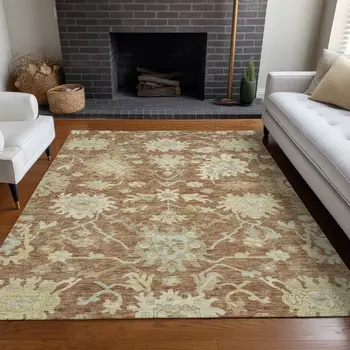 3' X 5' Copper Green And Ivory Floral Washable Indoor Outdoor Area Rug