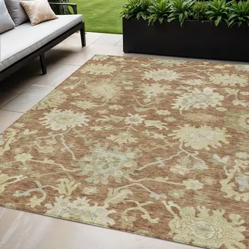 5' X 8' Copper Green And Ivory Floral Washable Indoor Outdoor Area Rug