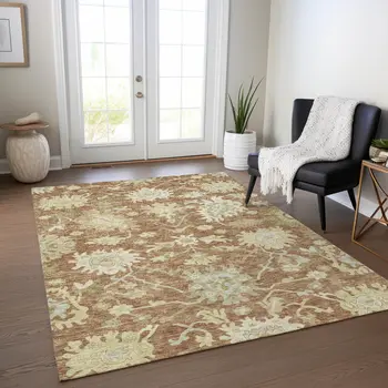 5' X 8' Copper Green And Ivory Floral Washable Indoor Outdoor Area Rug