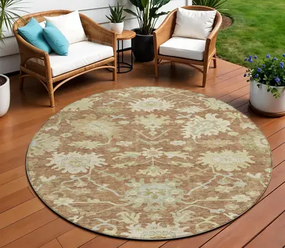 8' Copper Green And Ivory Round Floral Washable Indoor Outdoor Area Rug