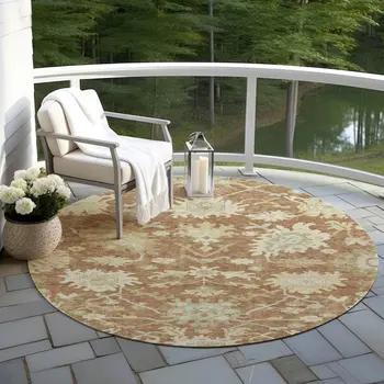 8' Copper Green And Ivory Round Floral Washable Indoor Outdoor Area Rug