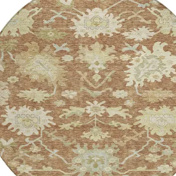 8' Copper Green And Ivory Round Floral Washable Indoor Outdoor Area Rug