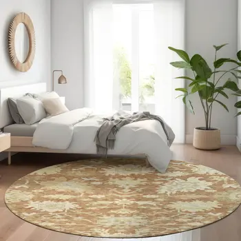 8' Copper Green And Ivory Round Floral Washable Indoor Outdoor Area Rug