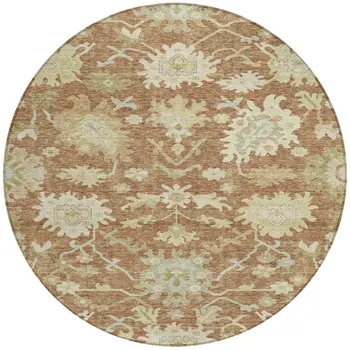 8' Copper Green And Ivory Round Floral Washable Indoor Outdoor Area Rug