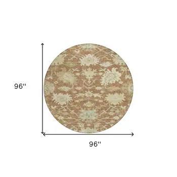 8' Copper Green And Ivory Round Floral Washable Indoor Outdoor Area Rug