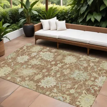 8' X 10' Copper Green And Ivory Floral Washable Indoor Outdoor Area Rug