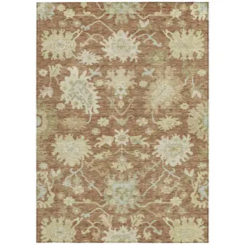9' X 12' Copper Green And Ivory Floral Washable Indoor Outdoor Area Rug