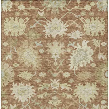 10' X 14' Copper Green And Ivory Floral Washable Indoor Outdoor Area Rug