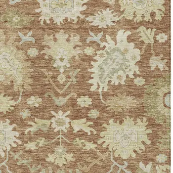 10' X 14' Copper Green And Ivory Floral Washable Indoor Outdoor Area Rug