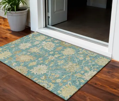 3' X 5' Teal Blue Ivory And Green Floral Washable Indoor Outdoor Area Rug