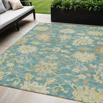 5' X 8' Teal Blue Ivory And Green Floral Washable Indoor Outdoor Area Rug