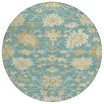 8' Teal Blue Ivory And Green Round Floral Washable Indoor Outdoor Area Rug