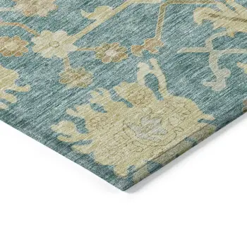 8' Teal Blue Ivory And Green Round Floral Washable Indoor Outdoor Area Rug