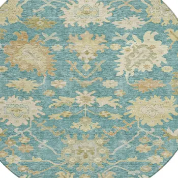 8' Teal Blue Ivory And Green Round Floral Washable Indoor Outdoor Area Rug
