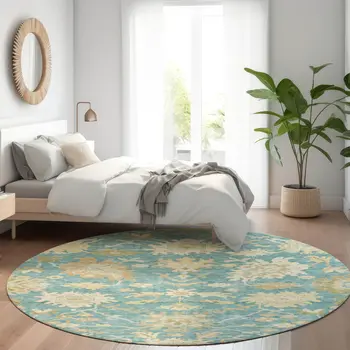 8' Teal Blue Ivory And Green Round Floral Washable Indoor Outdoor Area Rug