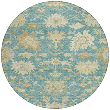 8' Teal Blue Ivory And Green Round Floral Washable Indoor Outdoor Area Rug