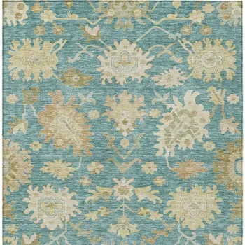 9' X 12' Teal Blue Ivory And Green Floral Washable Indoor Outdoor Area Rug
