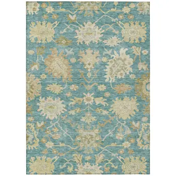 9' X 12' Teal Blue Ivory And Green Floral Washable Indoor Outdoor Area Rug