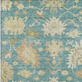 10' X 14' Teal Blue Ivory And Green Floral Washable Indoor Outdoor Area Rug
