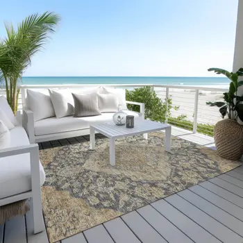 5' X 8' Charcoal Gray And Brown Oriental Washable Indoor Outdoor Area Rug