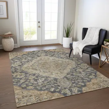 5' X 8' Charcoal Gray And Brown Oriental Washable Indoor Outdoor Area Rug