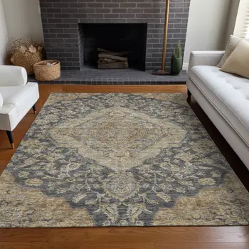 5' X 8' Charcoal Gray And Brown Oriental Washable Indoor Outdoor Area Rug