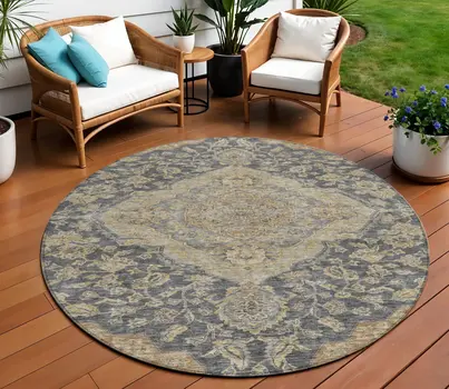 8' Charcoal Gray And Brown Round Oriental Washable Indoor Outdoor Area Rug
