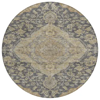 8' Charcoal Gray And Brown Round Oriental Washable Indoor Outdoor Area Rug