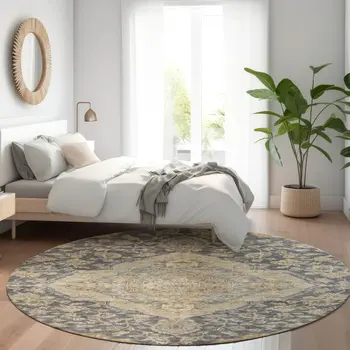 8' Charcoal Gray And Brown Round Oriental Washable Indoor Outdoor Area Rug