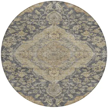8' Charcoal Gray And Brown Round Oriental Washable Indoor Outdoor Area Rug