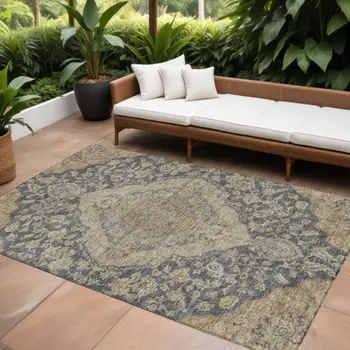 8' X 10' Charcoal Gray And Brown Oriental Washable Indoor Outdoor Area Rug