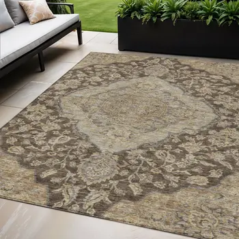 5' X 8' Chocolate Beige And Gray Oriental Washable Indoor Outdoor Area Rug