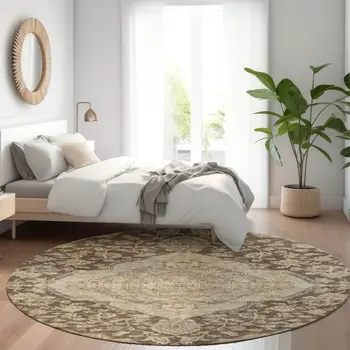 8' Chocolate Beige And Gray Round Oriental Washable Indoor Outdoor Area Rug