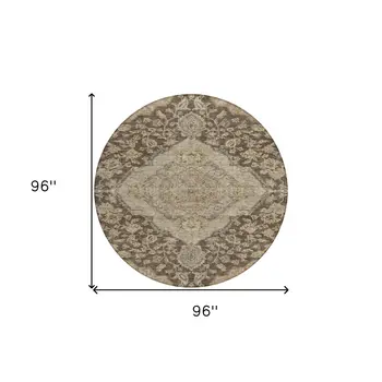 8' Chocolate Beige And Gray Round Oriental Washable Indoor Outdoor Area Rug