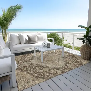 8' X 10' Chocolate Beige And Gray Oriental Washable Indoor Outdoor Area Rug